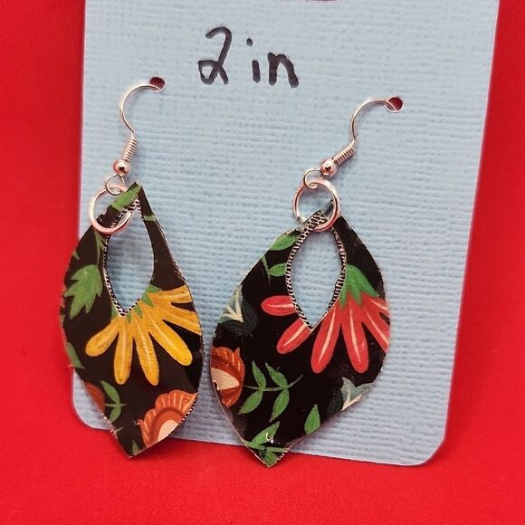 Hand Crafted Dangle Earring Faux Leather Floral Drop - Multicolor - Picture 5 of 13